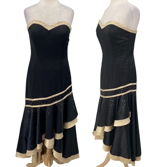 Vintage Y2k Camille La Vie Gown Beaded Strapless Satin Sweetheart Black Beige 10 - Picture 2 of 12